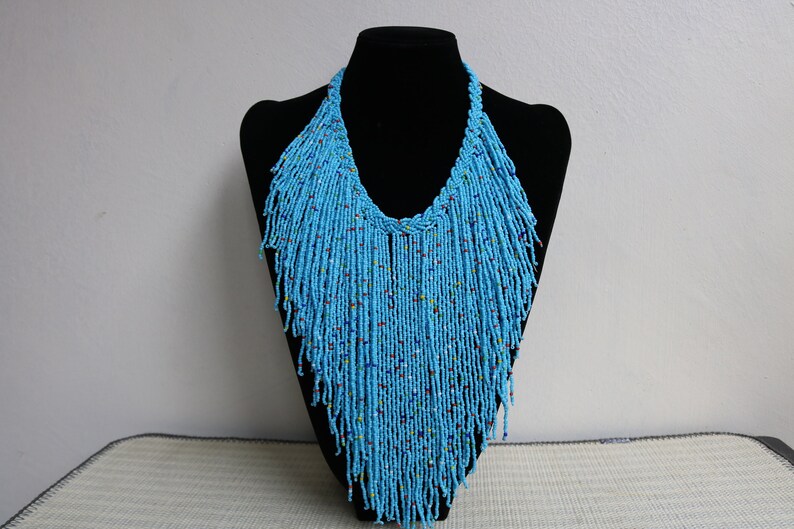 Sky Blue Fringe Beaded Necklace