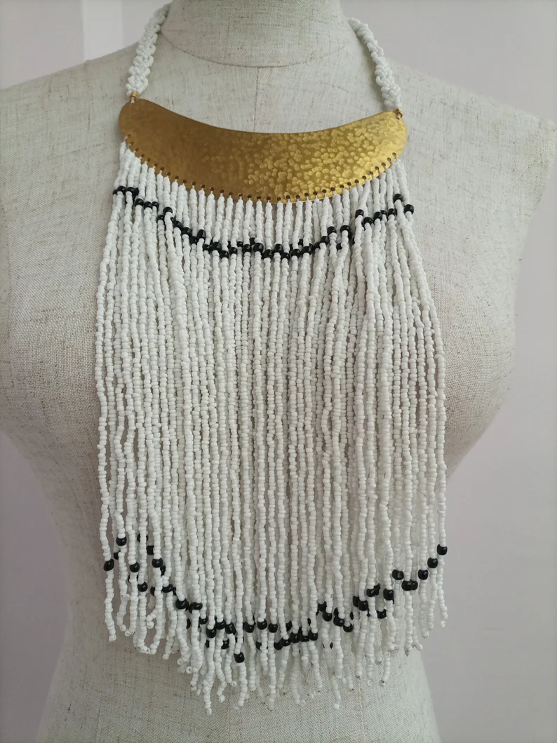 White Long Beaded Necklace