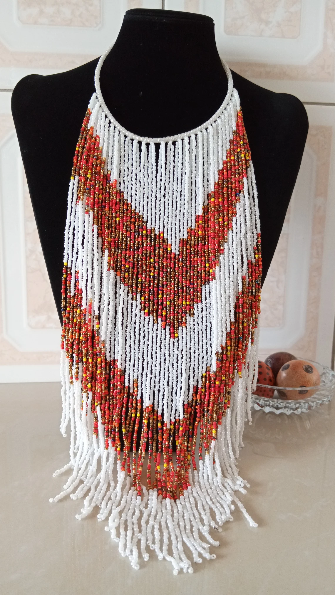 White and Orange Long Beaded Necklace