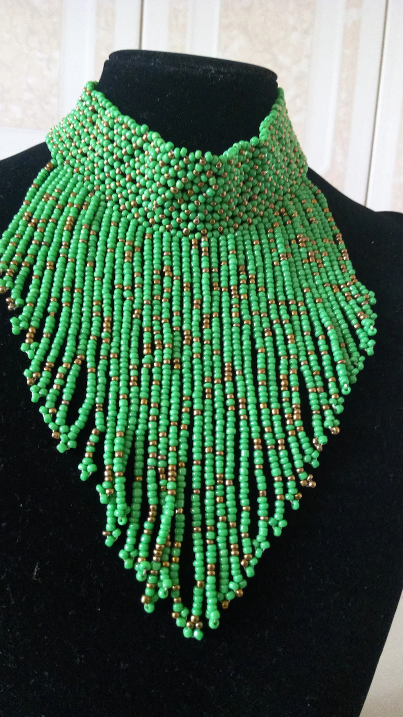 Green Fringe Beaded Choker
