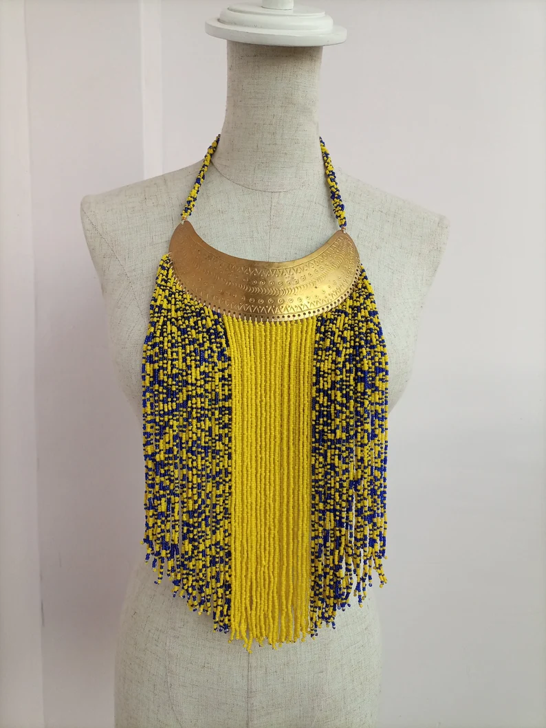 Yellow & Blue Beaded Necklace