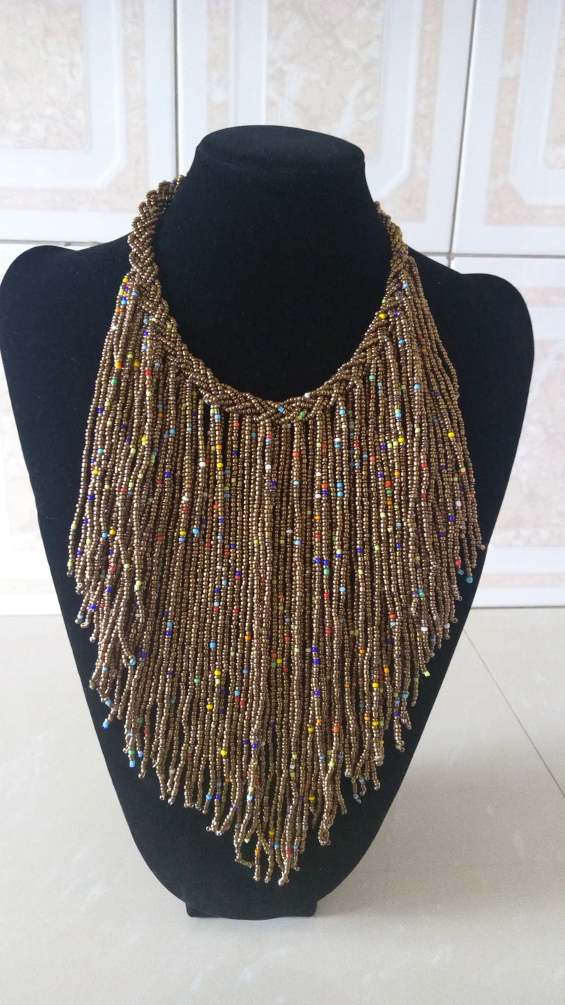 Copper Fringe Beaded Necklace