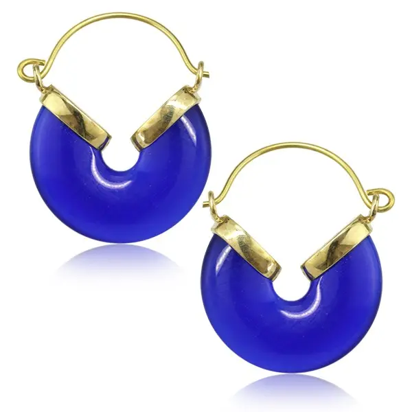 Brass Earring with Ocean Blue Cat Eye
